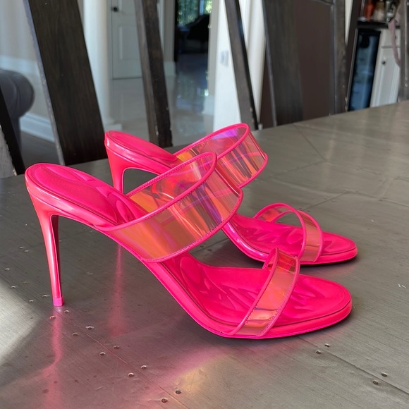Christian Louboutin just loubi pink neon stiletto sandal pvc sz 39 85mm - Picture 1 of 11